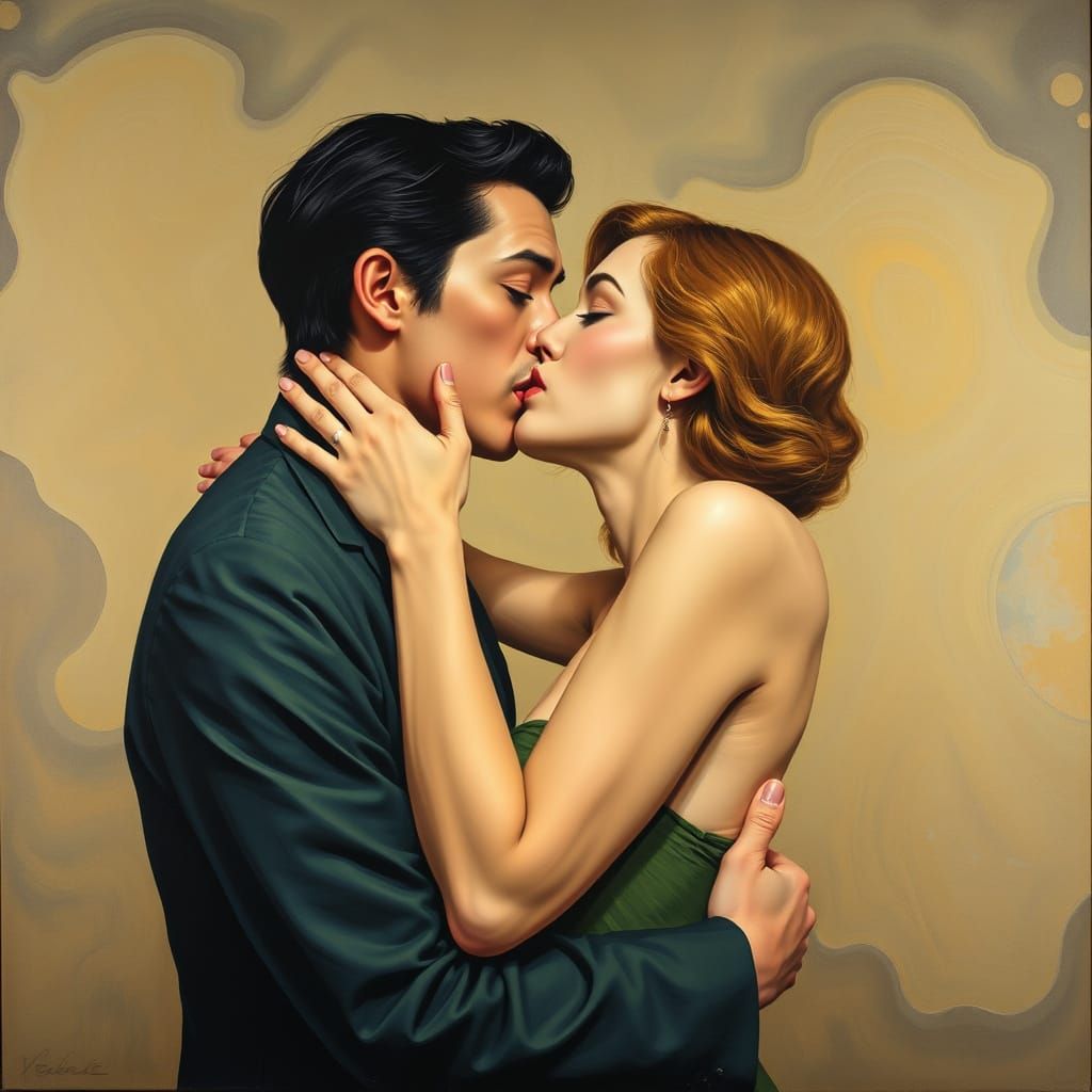 Passionate Kiss in Surreal, Melting Shapes