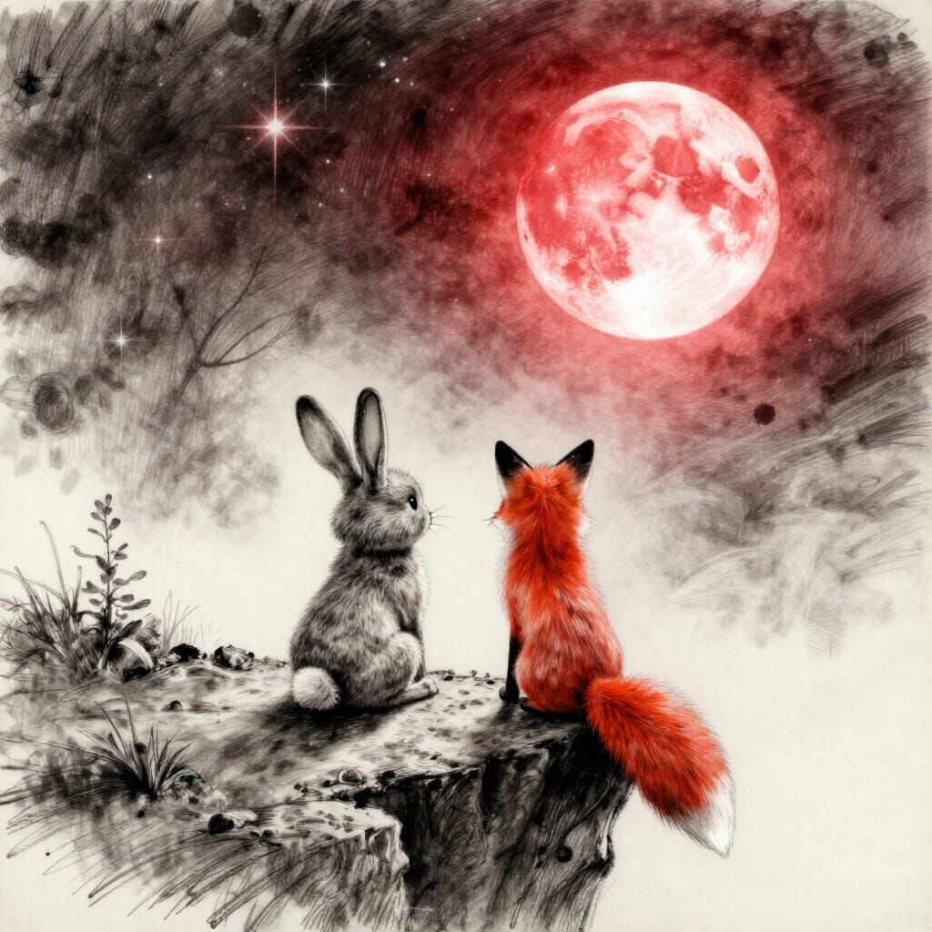 Rabbit and Fox Watch Blood Moon Over Cliff