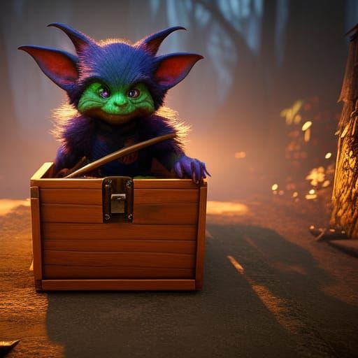 Mischievous Halloween Goblin - Inside wooden chest