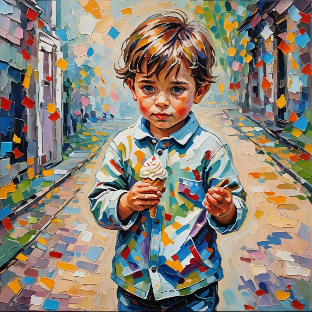 Child with Ice Cream: Neo-Impressionist Oil Painting