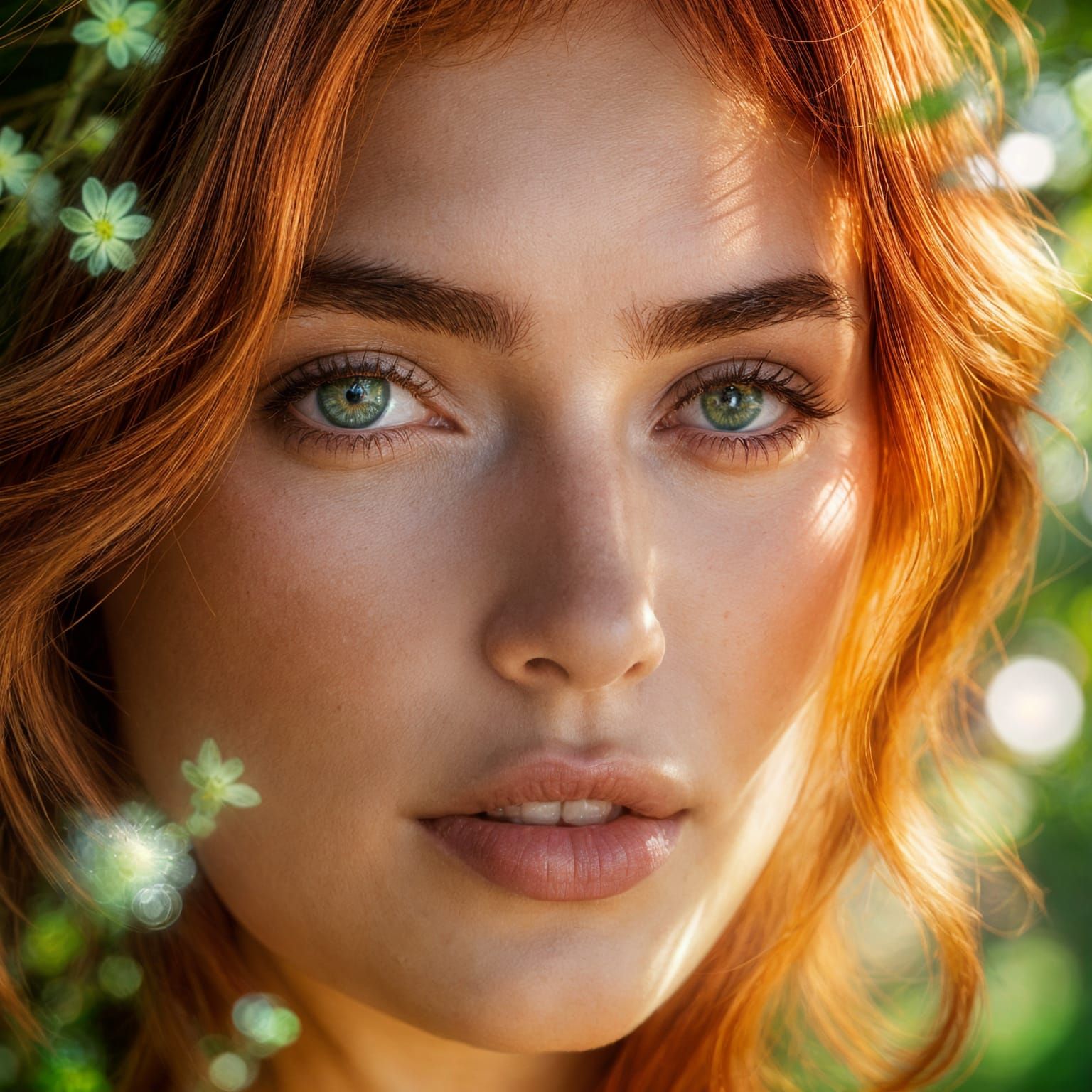 Ethereal Redhead Woman with Green Eyes, Double Exposure