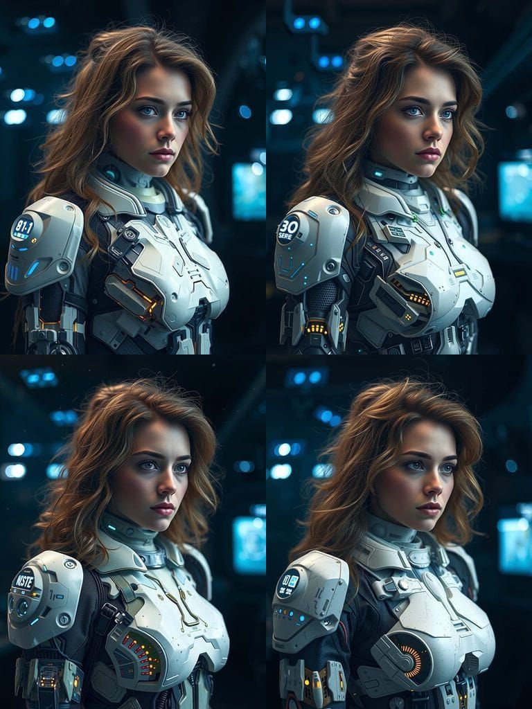 Young Woman in Futuristic Starship Uniform, Engaged in Conso...