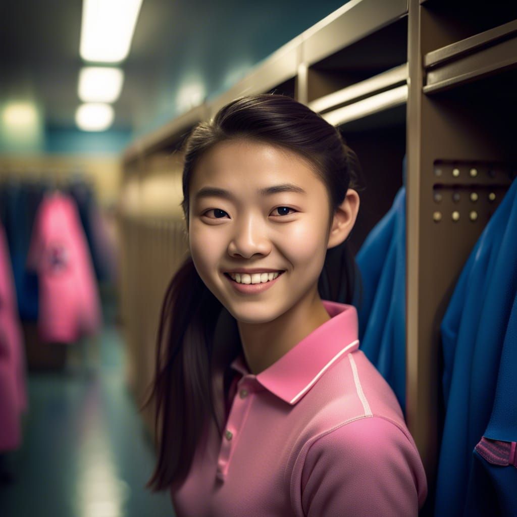 Hyperrealistic Image of Smiling Teenager in Locker Room