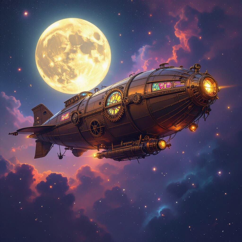 Steampunk Airship Soaring Through Nebula in Fantasy Art Styl...