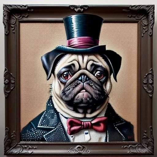 "A portrait of a grumpy pug wearing a top hat made entirely of gears, painted in the style of pointillism."