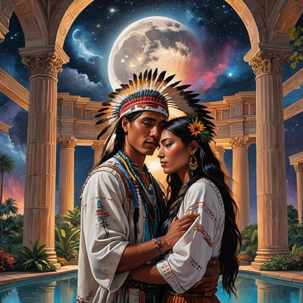 Native Couple Embrace Under Rainbow Starry Sky