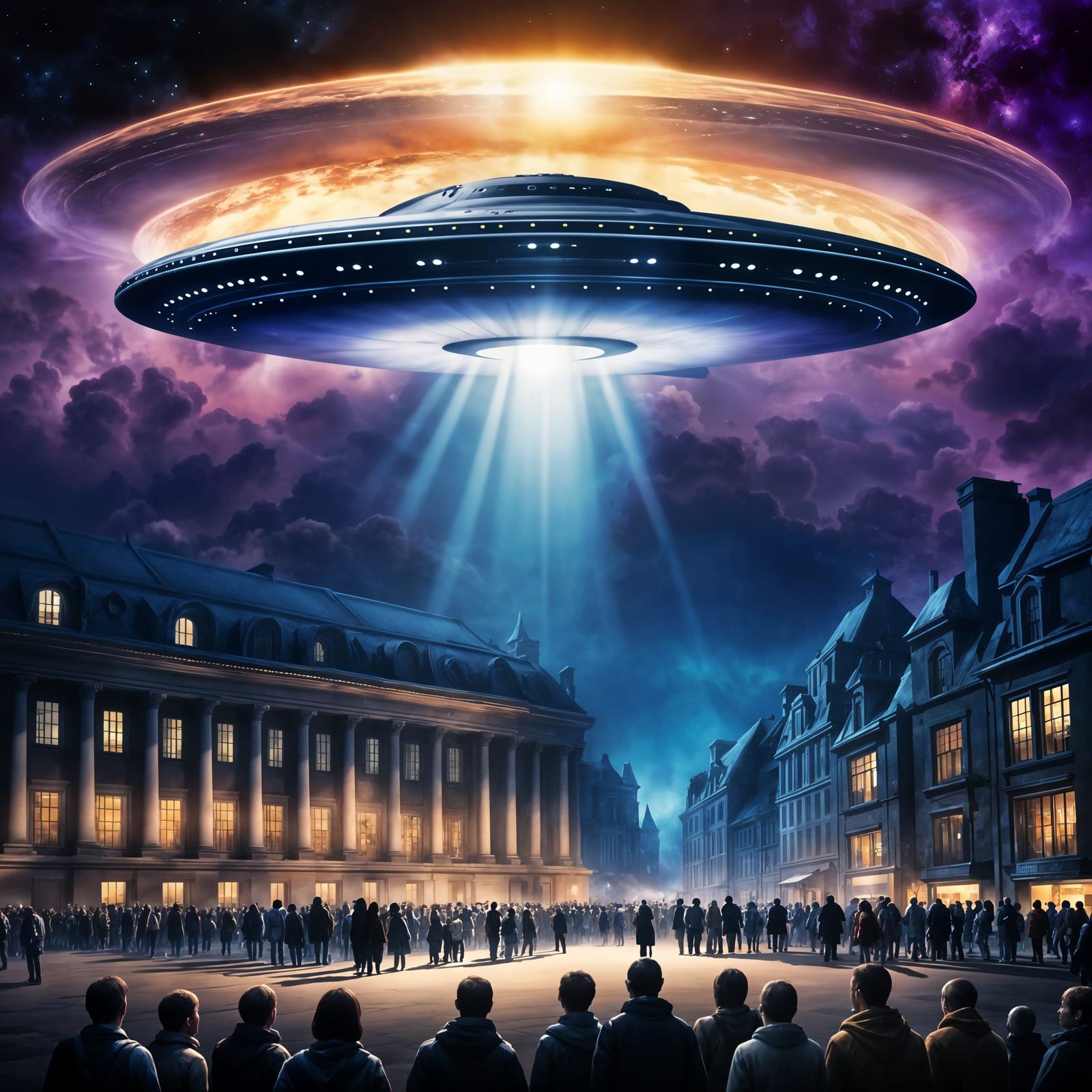 Alien Spacecraft Descends in a Beam of Light Amidst a Crowd
