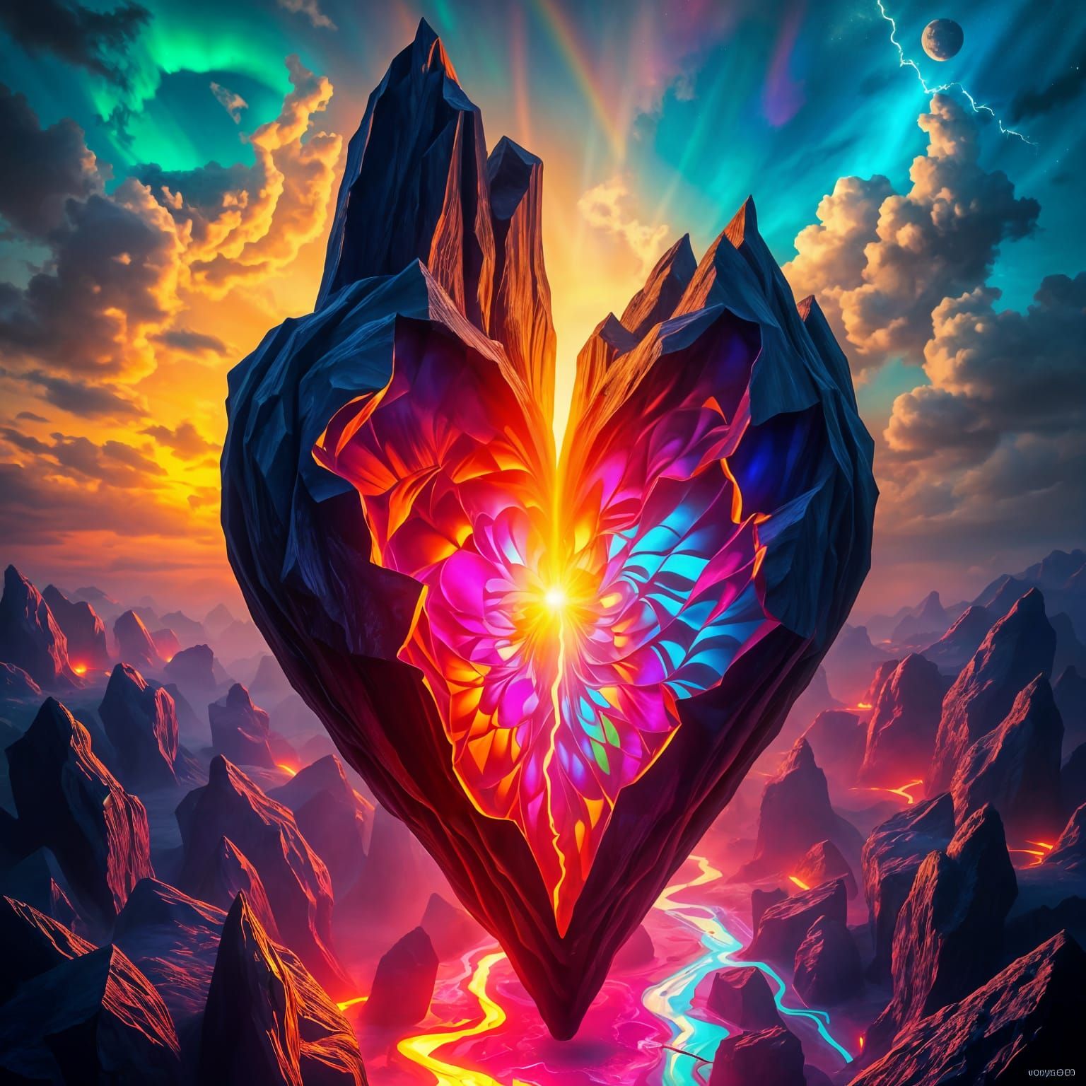 Surreal Chiaroscuro Heart Silhouette in a Kaleidoscopic Stor...