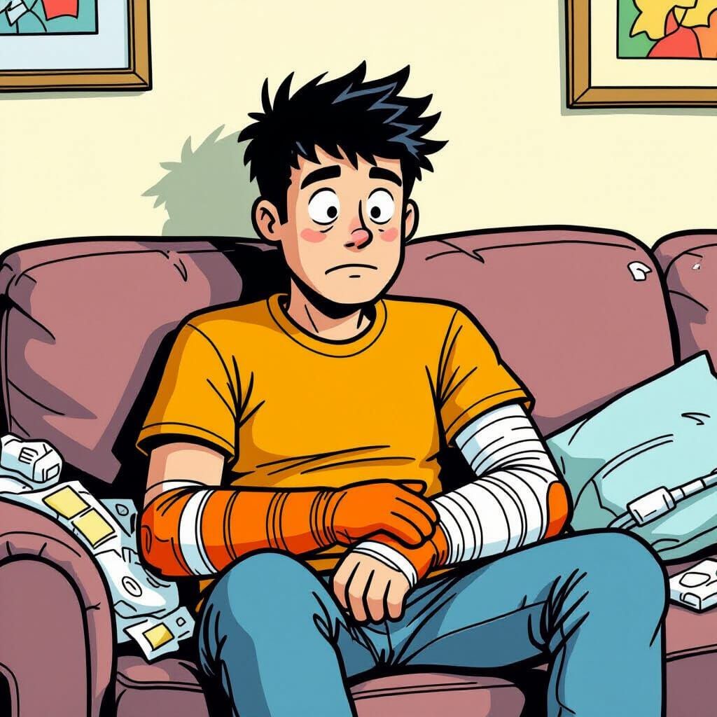 Comedic Arm Cast Scene in Cartoon Style