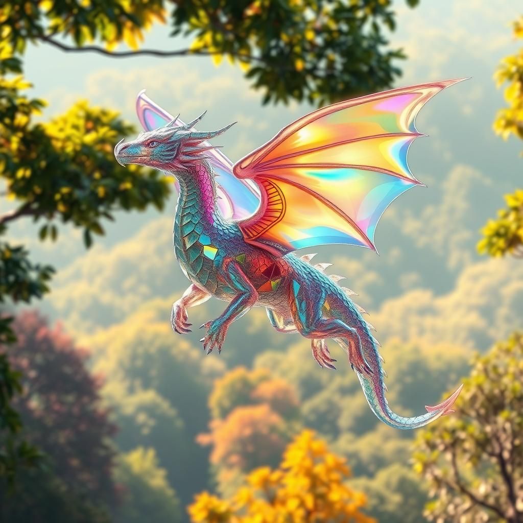 Iridescent Crystal Dragon Soaring Above Forest