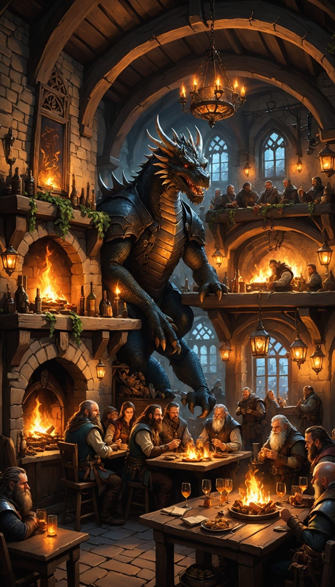 Fantasy Tavern Scene with Elves, Dwarves, Orcs & Dragon