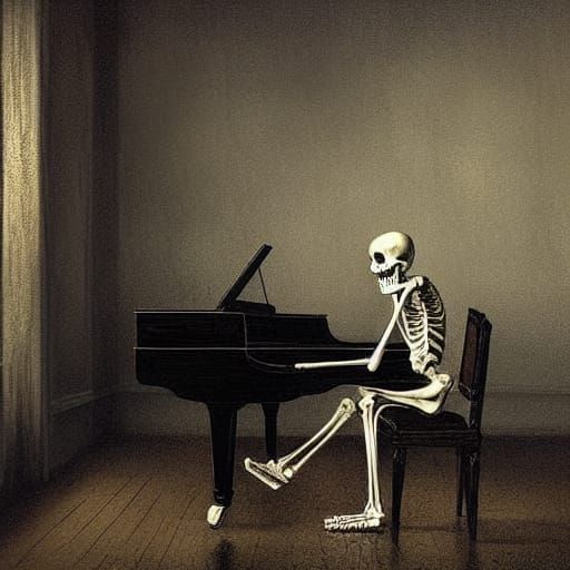 Sinister Skeleton Pianist in Dark Room