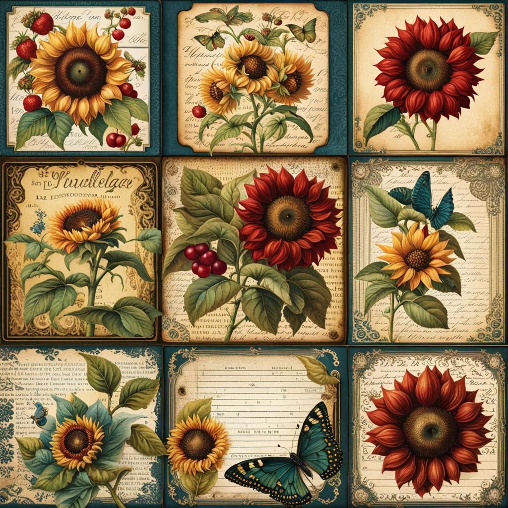 Vintage Sunflower Journal Cards in Gothic Watercolor Style