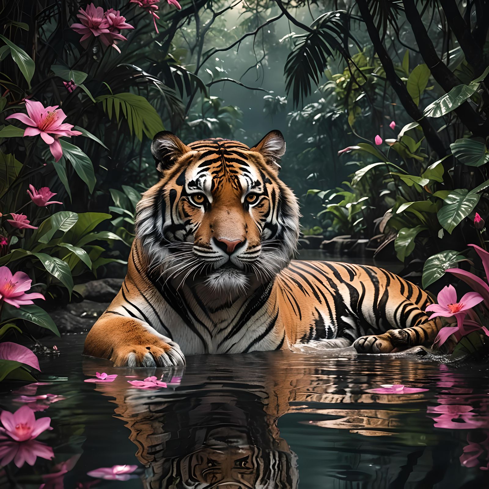 Tiger in a Pink Jungle River at Night