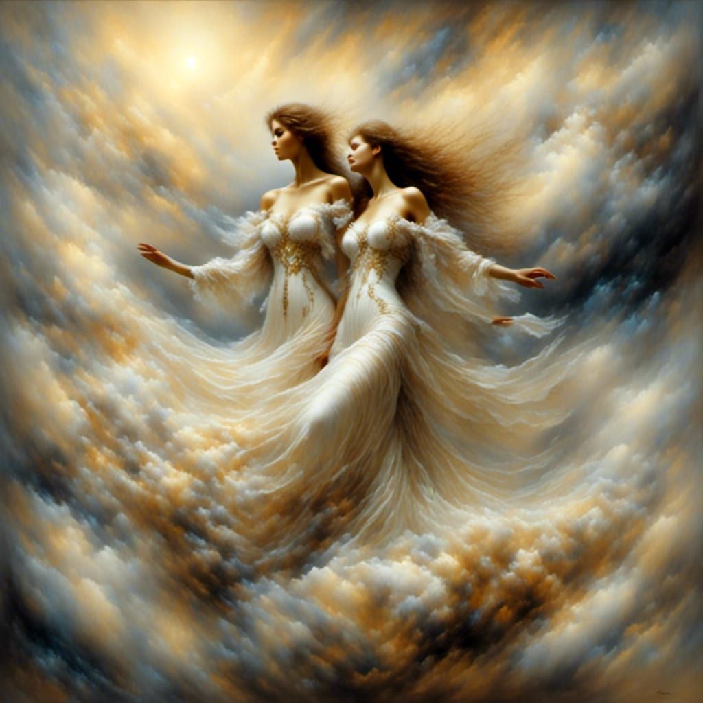 Ethereal Women in Dreamlike Cloudscape, Soft Focus