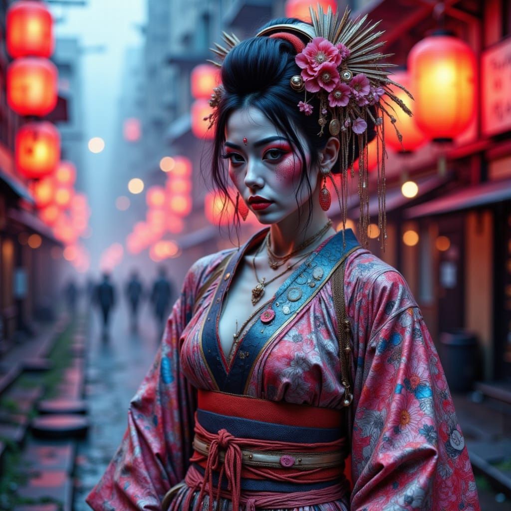 Futuristic Geisha in Neon Tokyo Alley