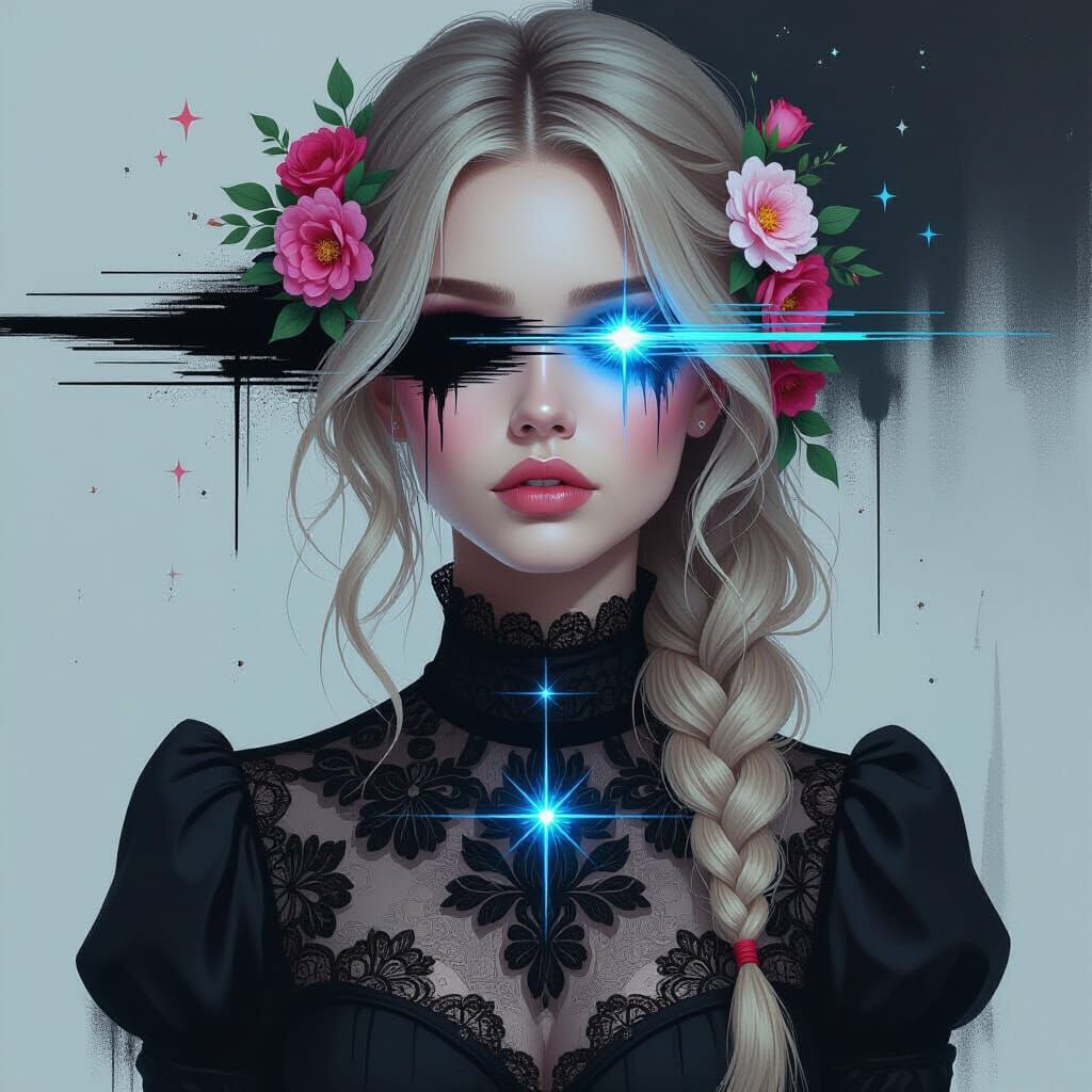 Glitch Art Portrait of Beautiful Woman in Renaissance Dress