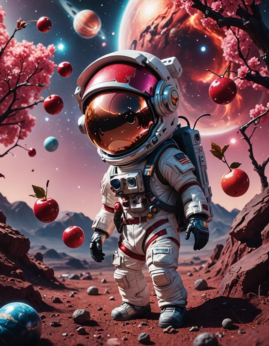 Hyper-realistic, vibrant colors: Picture a chibi cherry as an astronaut, exploring a cosmic landscape with planets and s...