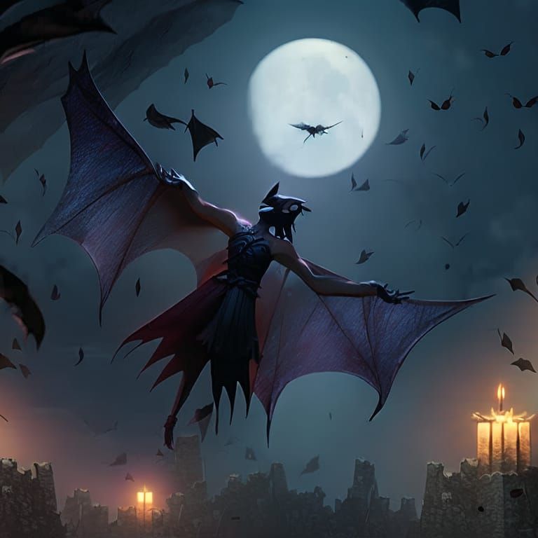 Dark Fairy with Bat Wings in Rain, Detailed Painting