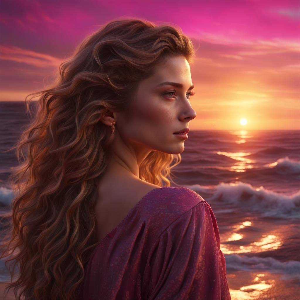 Sunset Seascape: Young Woman in Detailed Matte Painting