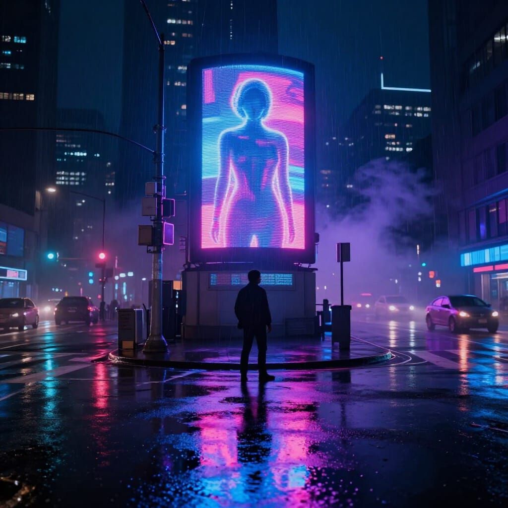 Lone Figure on Neon City Street Corner