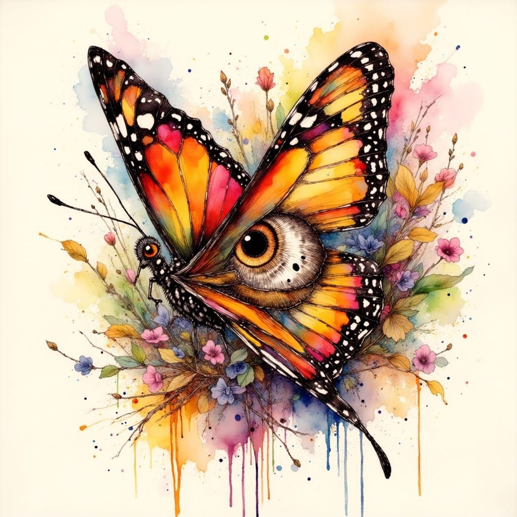 Monarch Butterfly with Owl Eye in Ink Style