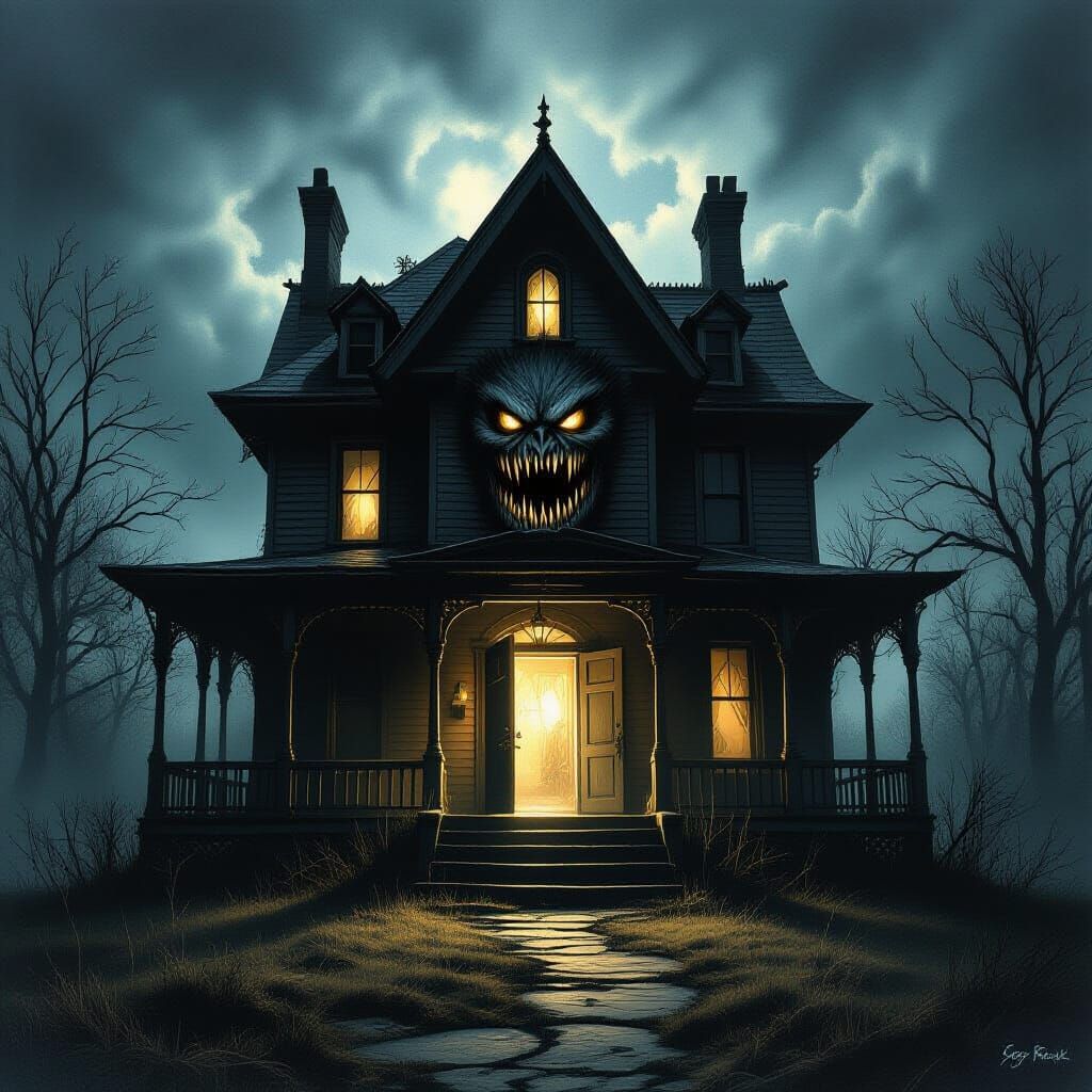 Monster House in Haunting Dark Landscape Style