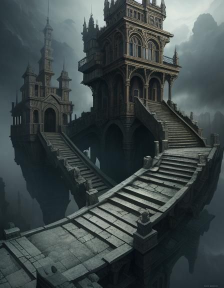 Dystopian Staircase to Nowhere in Escher Style