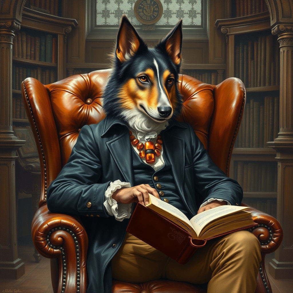 Aristocratic Collie Reads in Castle Library