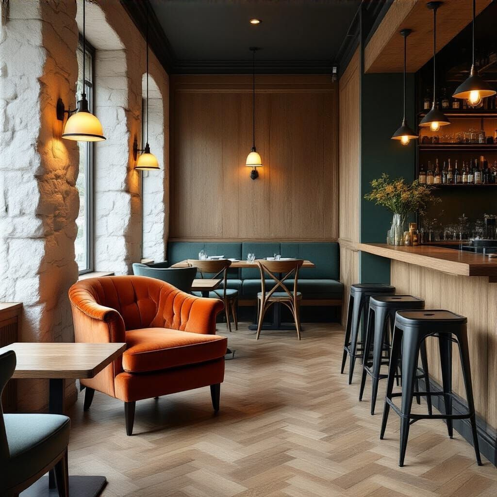 Restaurant Dining Room with Oak, Stone, and Black Metal