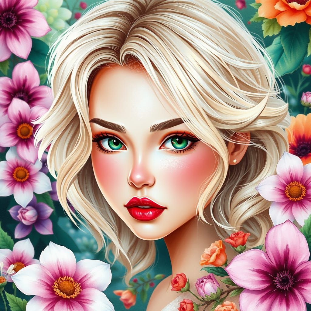 Whimsical Watercolor Portrait of a Young Woman in a Floral G...