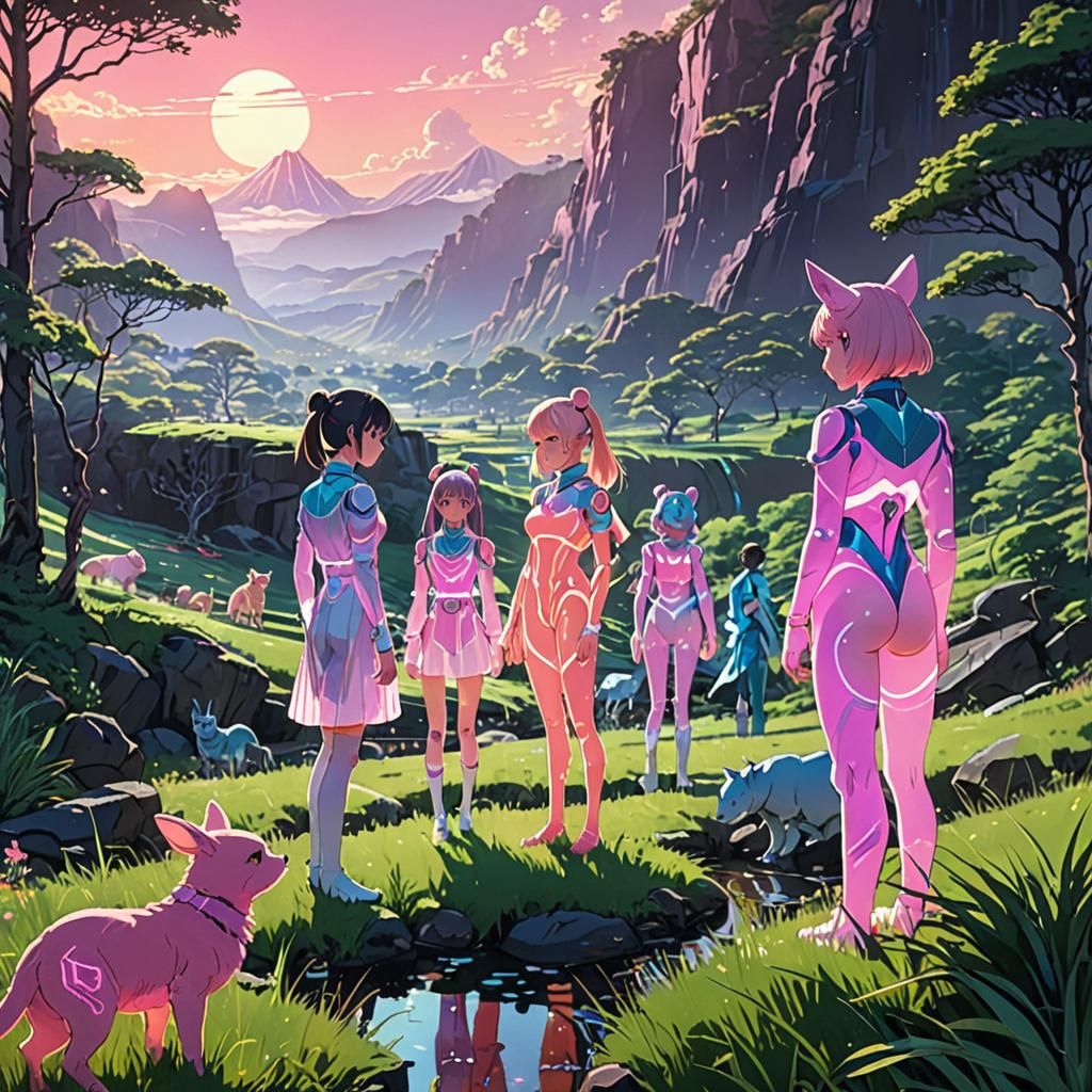 Anime Characters Interact with Holographic Animals in Valley