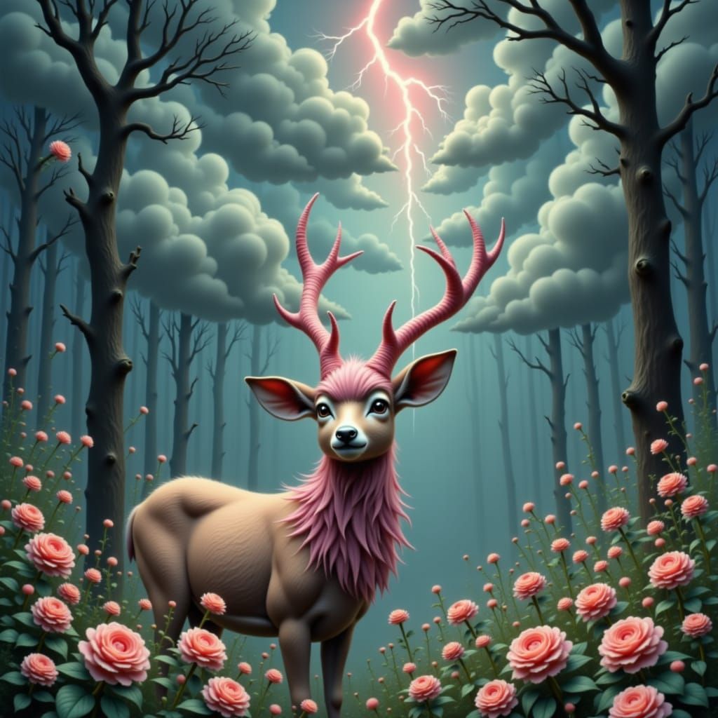Joyful Pink Deer in Rose Garden with Pink Clouds