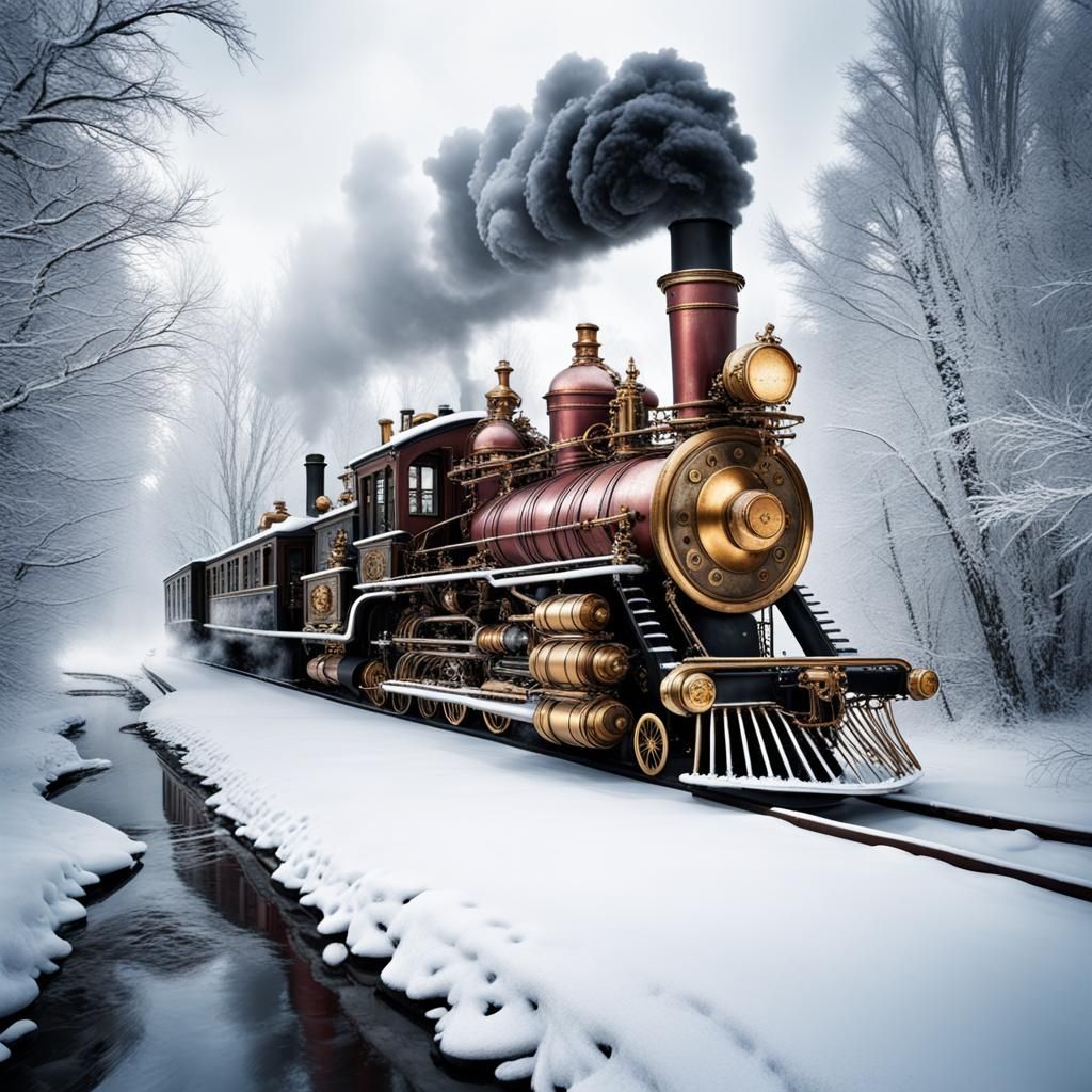 Steampunk Train in Winter Wonderland