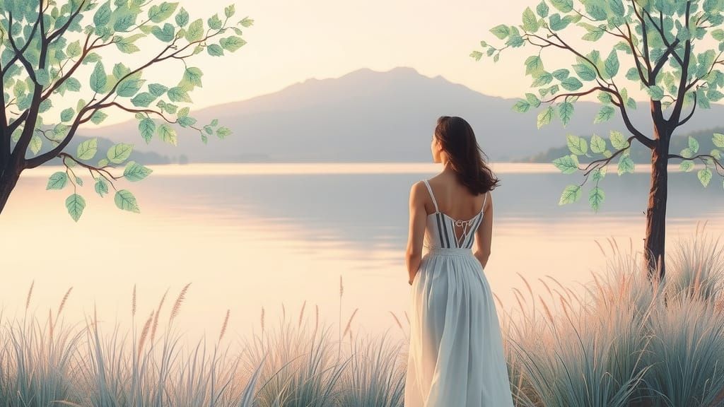 Serene Landscape with Tranquil Lake and Softly Lit Pastel Hu...