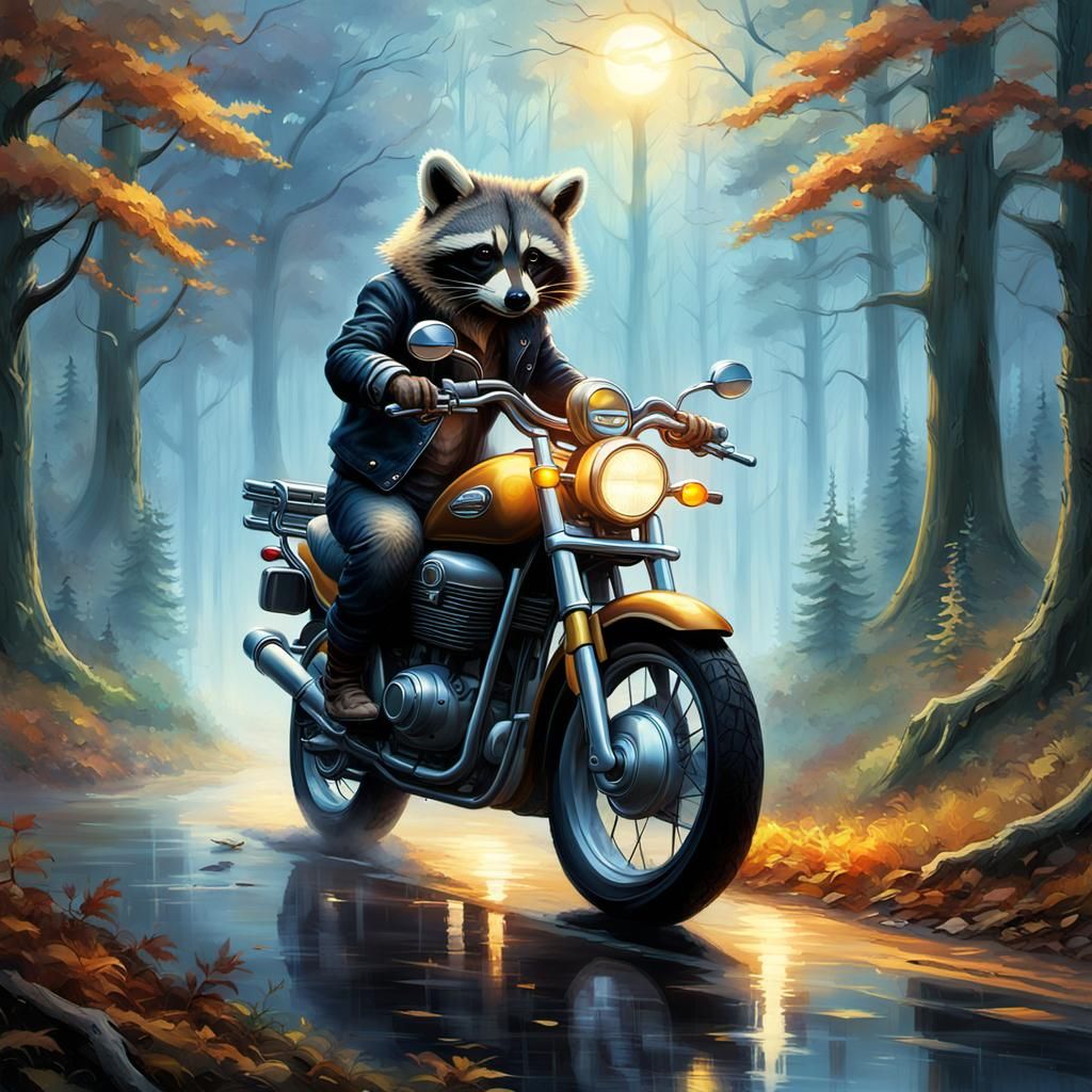Raccoon Rider in Misty Forest: Thomas Kinkade Style