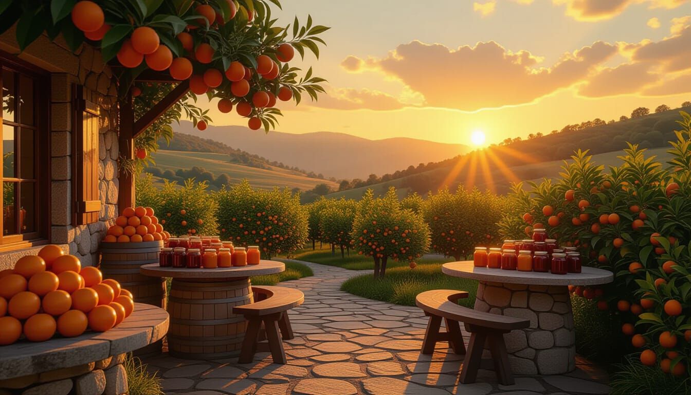 Quaint Orange Orchard Jam Shop at Sunset