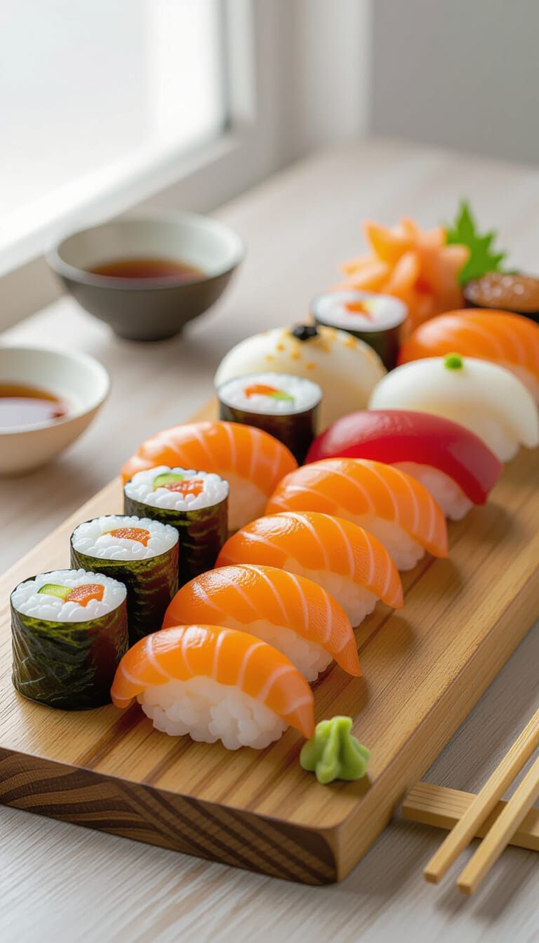Fresh Sushi Platter on Rustic Board, Bright and Minimalist