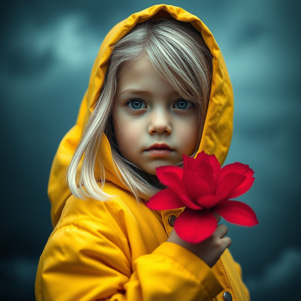 Girl with Silver Hair and Red Flower, Dark Aesthetic