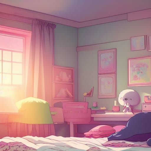 Kawaii Pastel Bedroom with Plush Toys, Anime Style