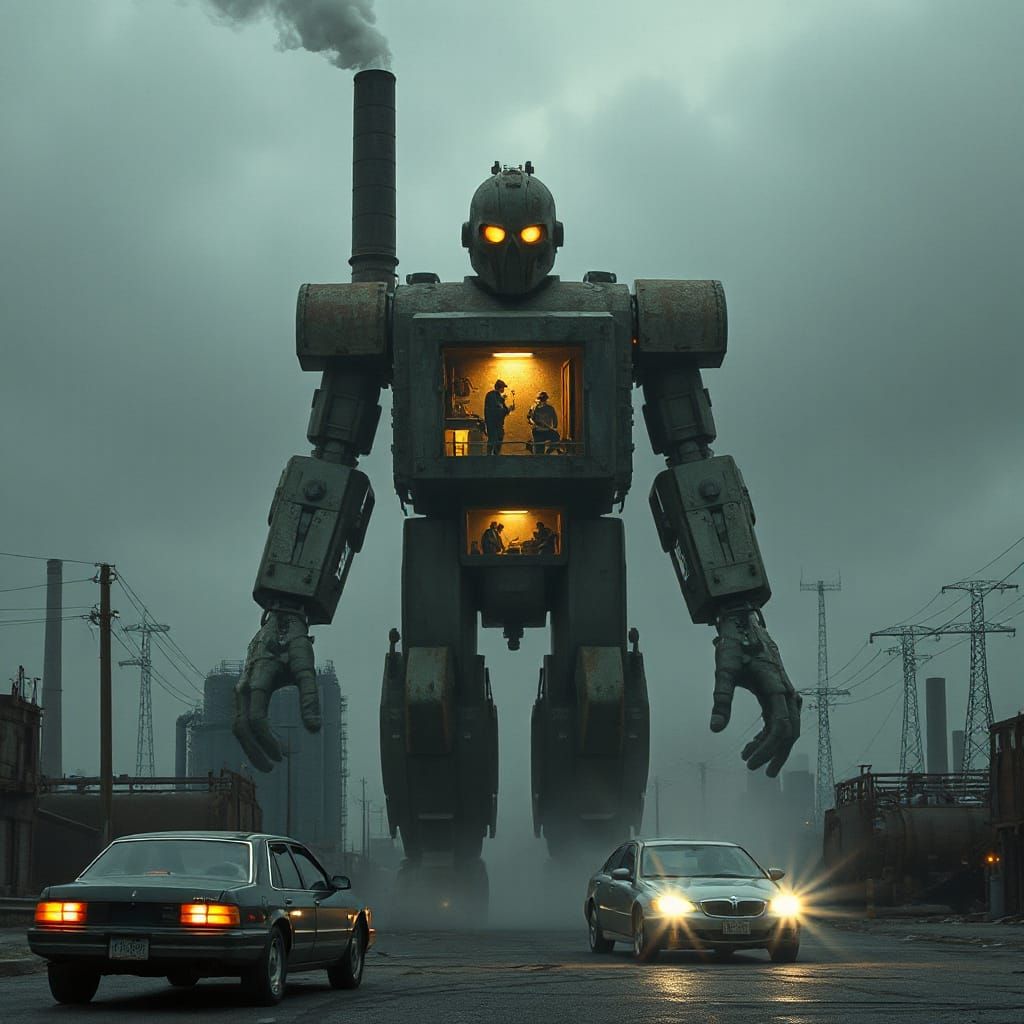 Towering Factory Golem in Industrial Wasteland