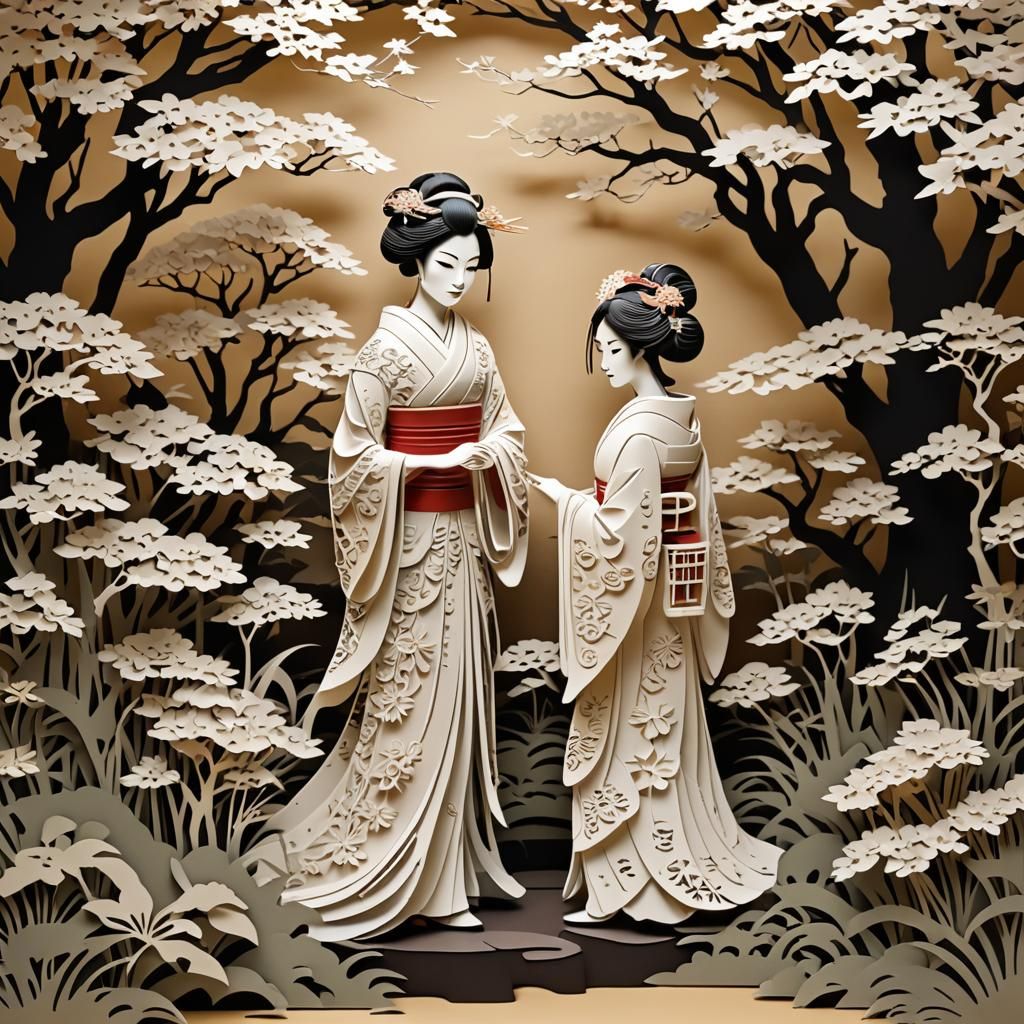 Geisha in Japanese Garden: Kirigami Paper Cut Art