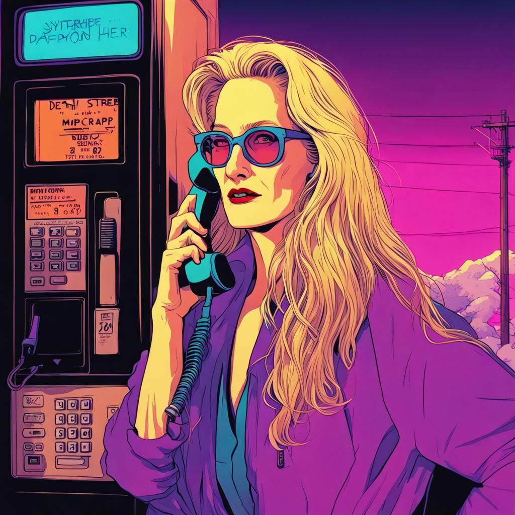 Synthwave Meryl Streep on Payphone in Winter