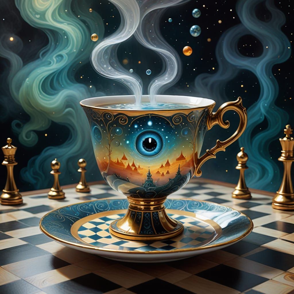 Sentient Teacup Levitation Over Chessboard in Void