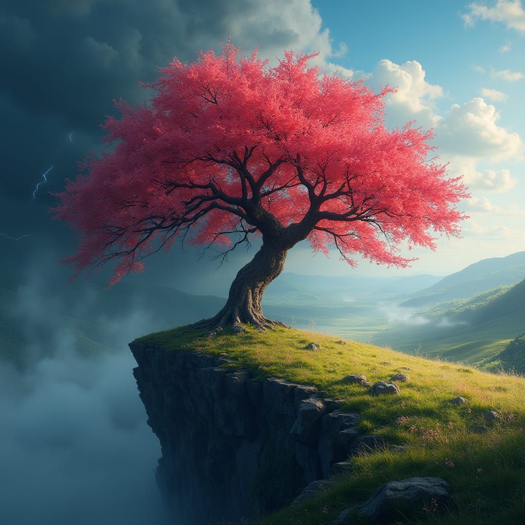Cherry Tree on Cliff in Contrasting Weather