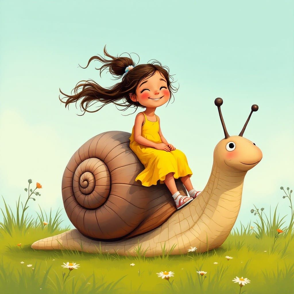 Girl Rides Snail in Comic Art Style