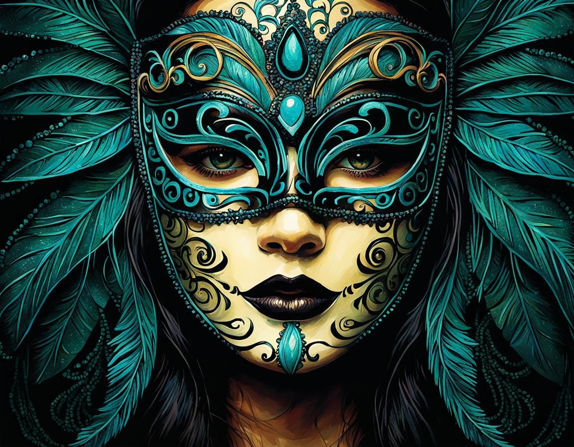 Teal Masquerade Mask Portrait in Psychedelic Style