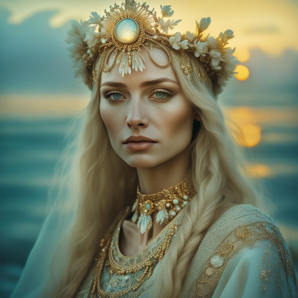 Slavic Beauty Portrait with Wreath and Jewelry