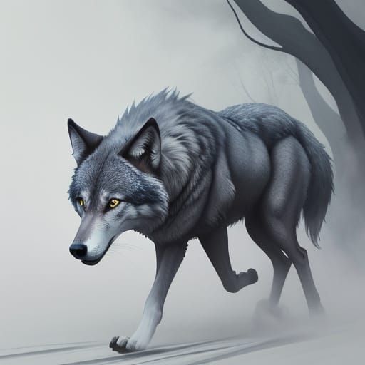 Surreal whimsical painting of a wolf with elongated forms, exaggerated proportions, large glossy eyes. Mix of alien and ...
