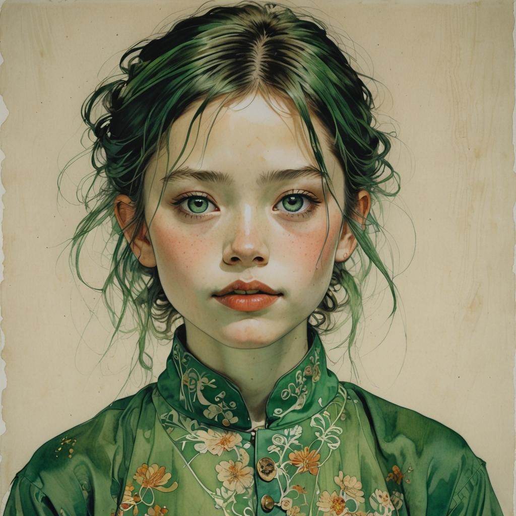 Smiling Girl in Green Silk Blouse, Art Portrait